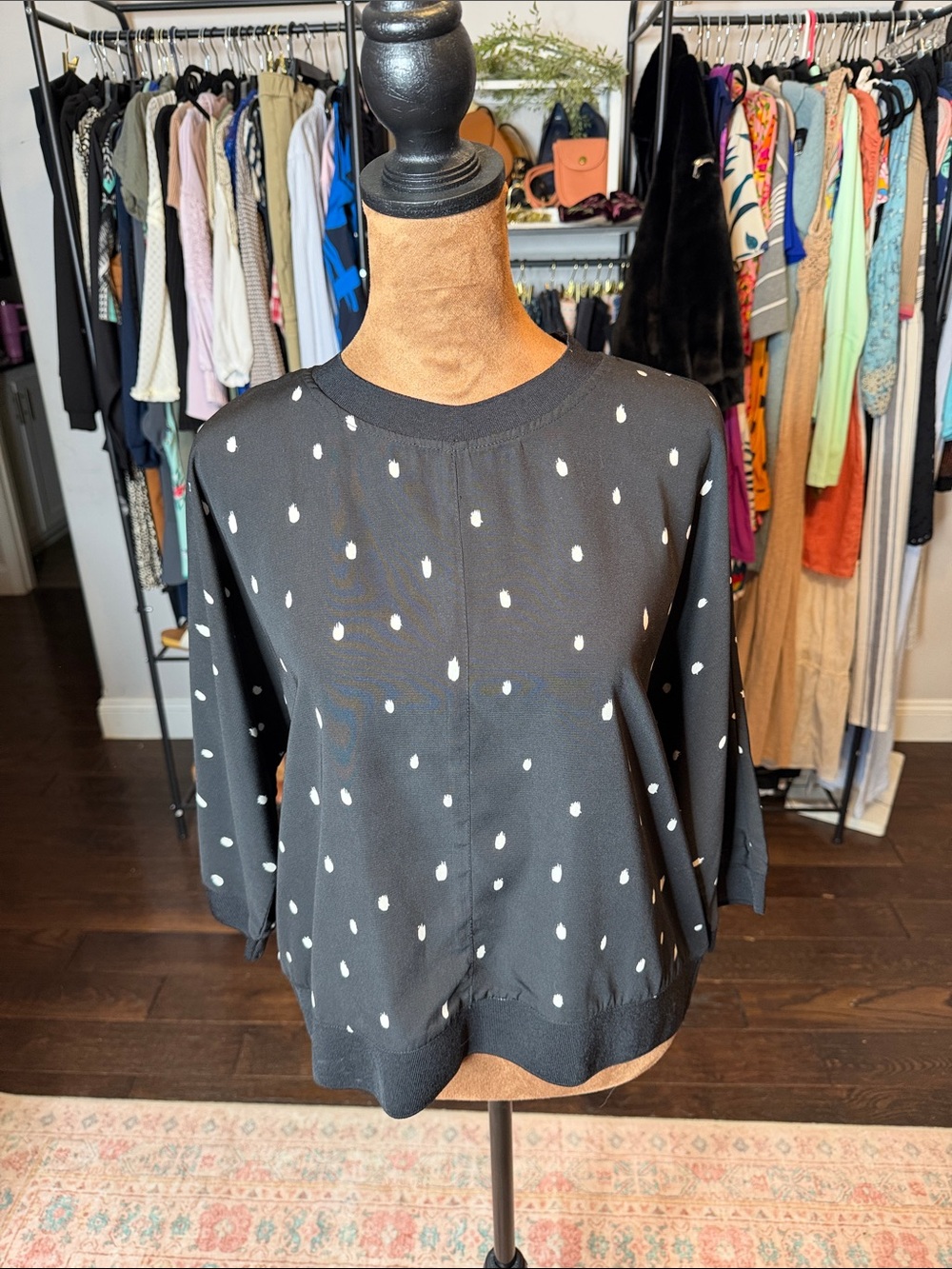 Anthropologie Mo:VINT 3/4 sleeve black polka dot top